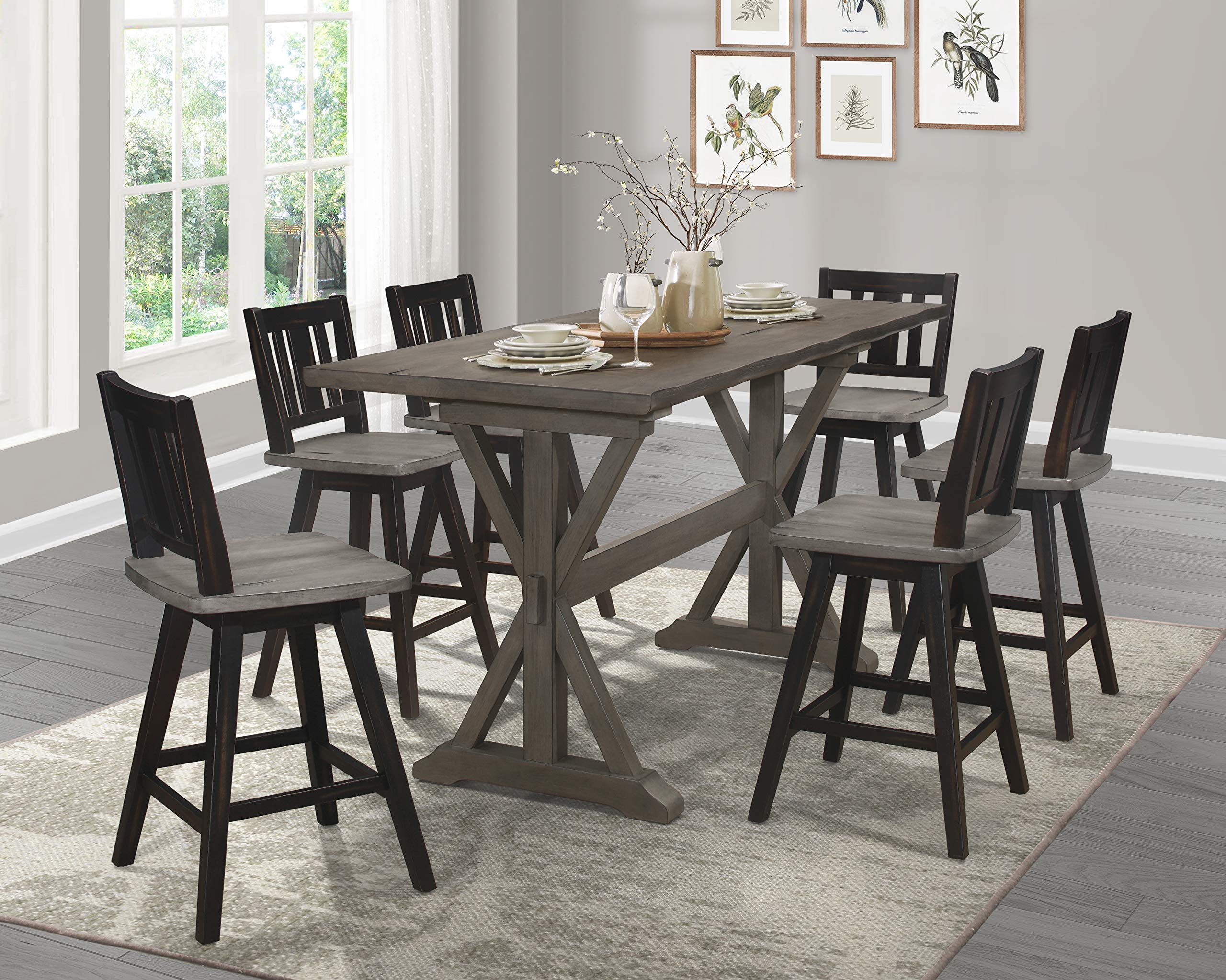 Modern Swivel Counter Height Bar Stools Set of 2 - Solid Wood Kitchen Island Stools with High Back, Footrest & Vertical Slat Design - 24