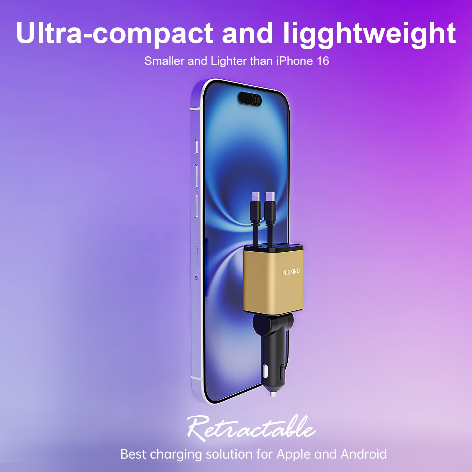 Flexino 69W 4-in-1 Retractable Car Charger with USB-C - Fast Charging for iPhone 16/15/14/13/12 & Samsung - Compact & Golden Design - Perfect for Road Trips & Daily Commutes