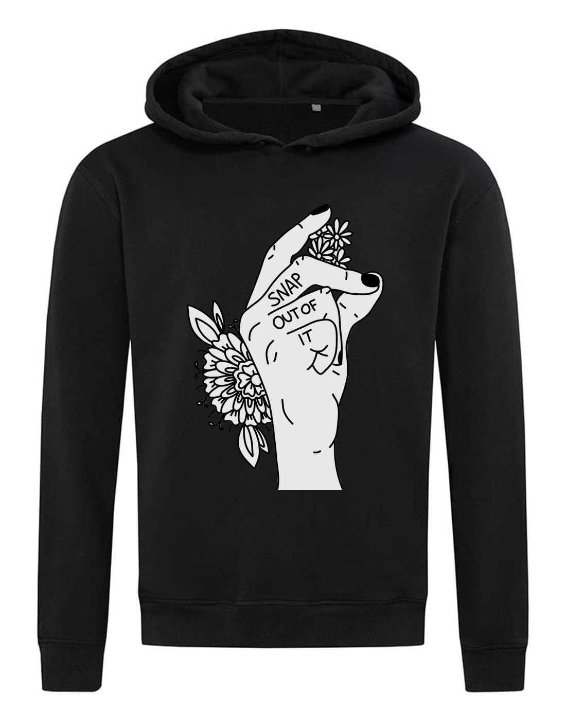 Snap Out Of It Hand Flowers Art Hooded Sweatshirt - Cotton Blend Pullover Hoodie for Women & Men - Black Casual Wear for Street Style & Everyday Comfort