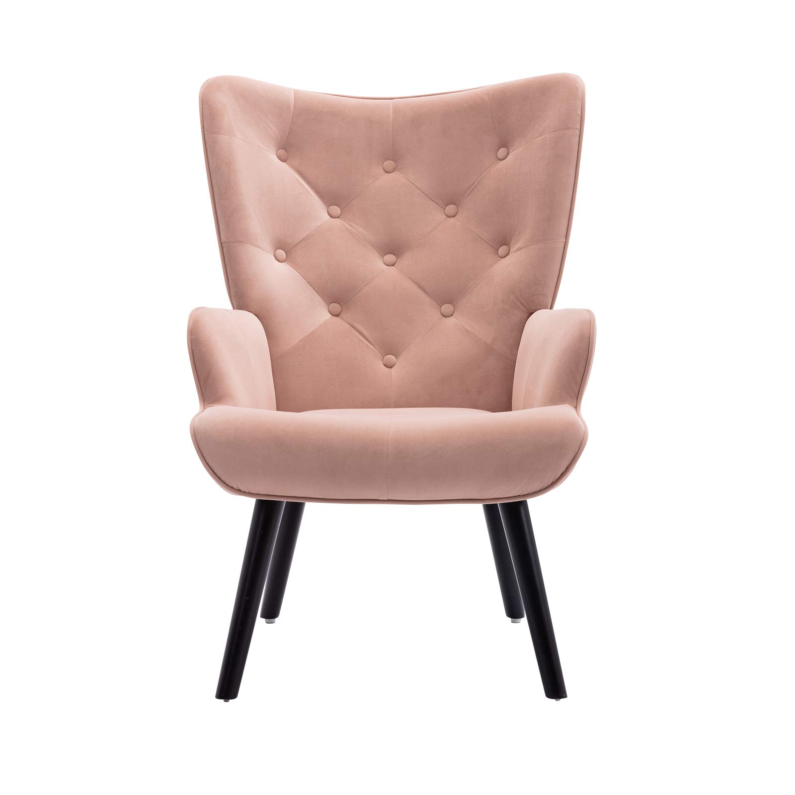 Modern Velvet Accent Chair - Upholstered Armchair with Button Tufted Design & Wooden Tapered Legs - Wingback Dining Reception Chair for Home Office & Living Room (Pink) - Perfect for Reading Nooks, Guest Seating & Cozy Spaces
