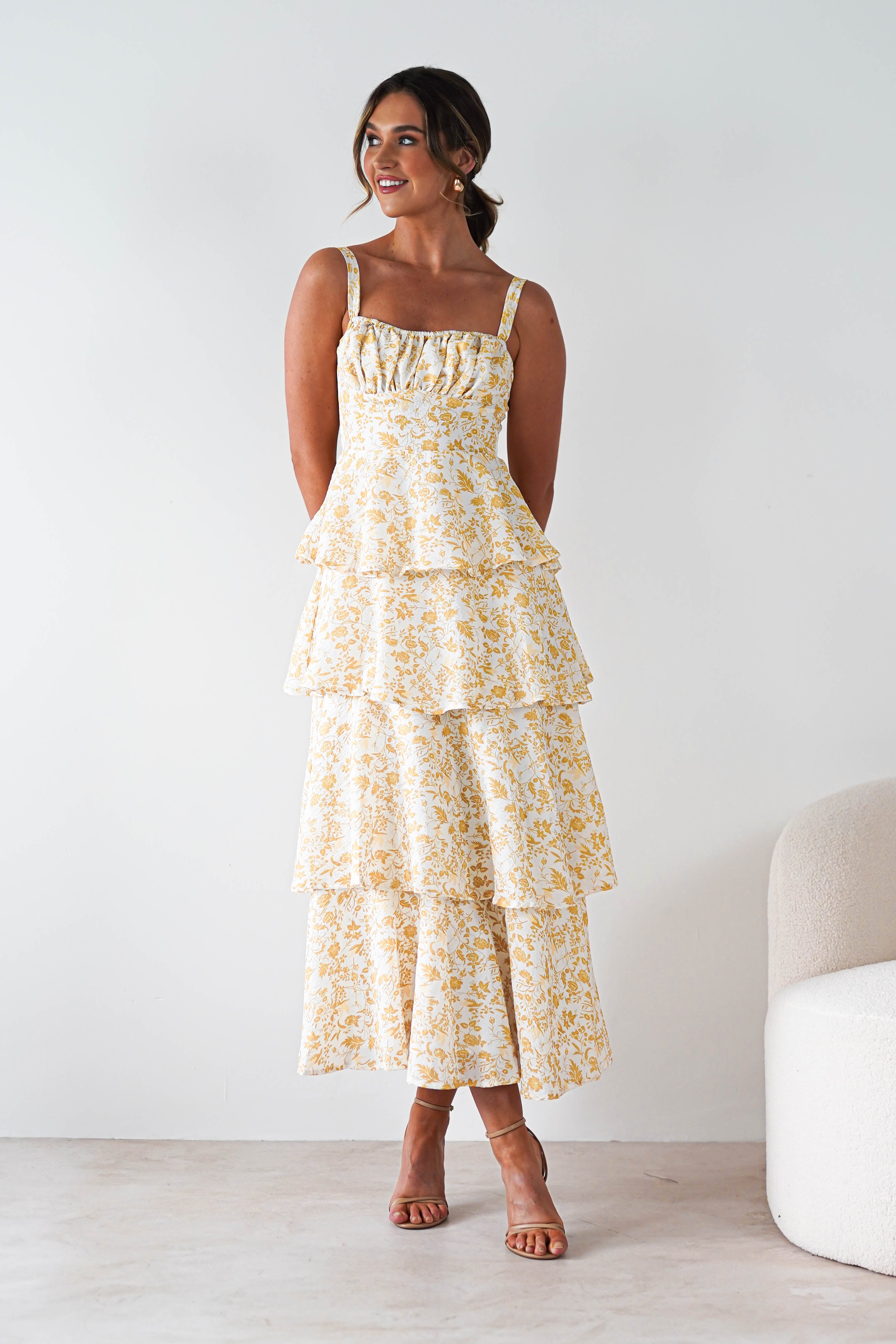 Emily Floral Ruffle Maxi Dress - Yellow Print Summer Dress for Women | Beach Wedding, Vacation, Party Wear