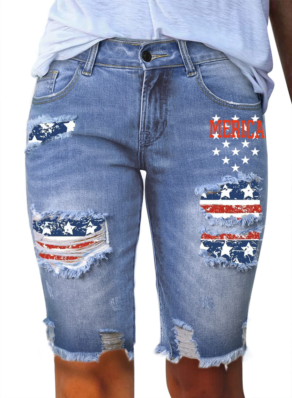 Sidefeel Women's Distressed Denim Bermuda Shorts with Raw Hem - Casual Summer Shorts for Beach, Travel & Everyday Wear