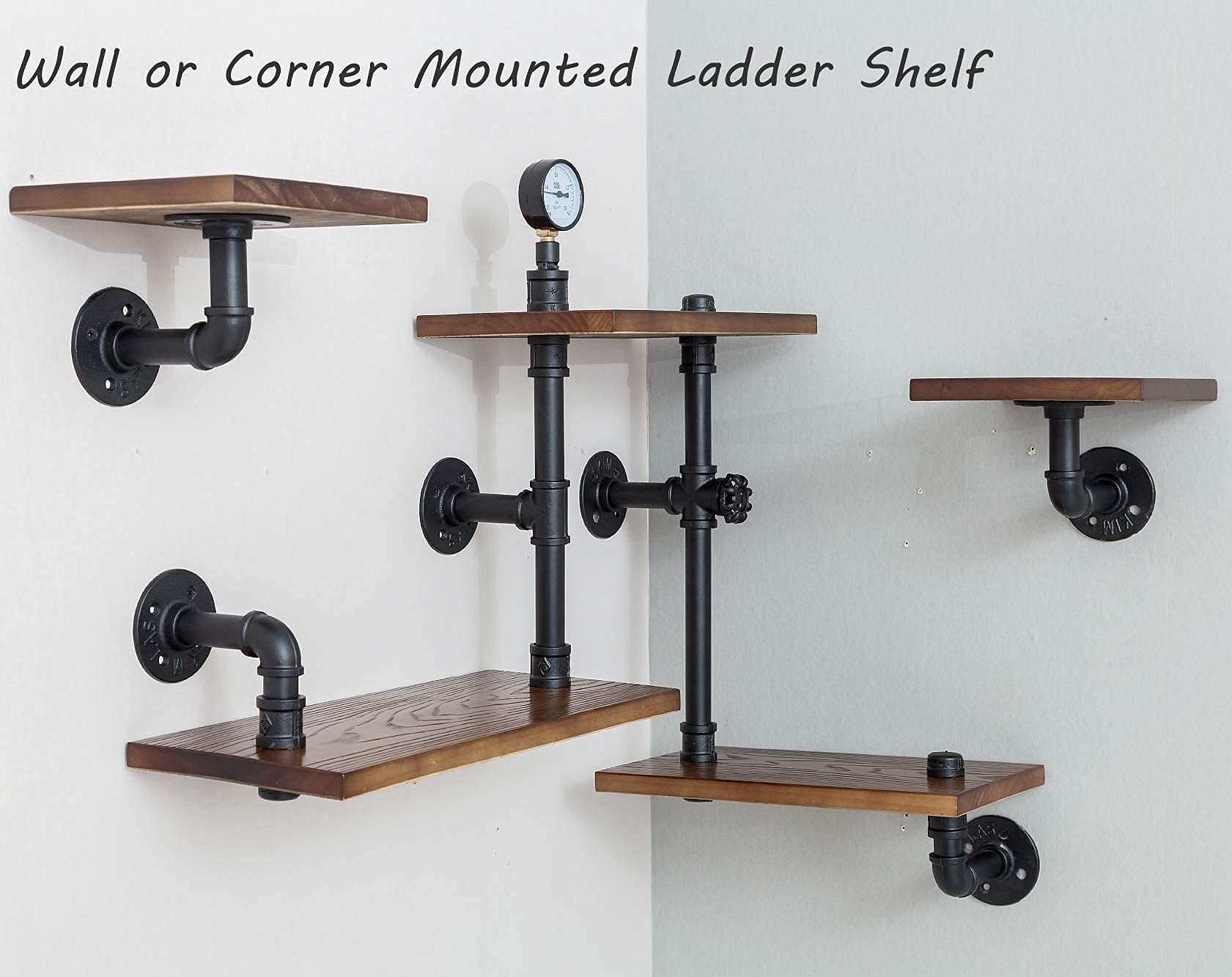 Industrial Rustic Modern Wood Ladder Pipe Wall Mounted Floating Shelves - Set of 3 DIY Bookshelves for Home Office, Bedroom & Living Room Storage - Space Saving Wall Shelving Unit with Sturdy Metal Brackets