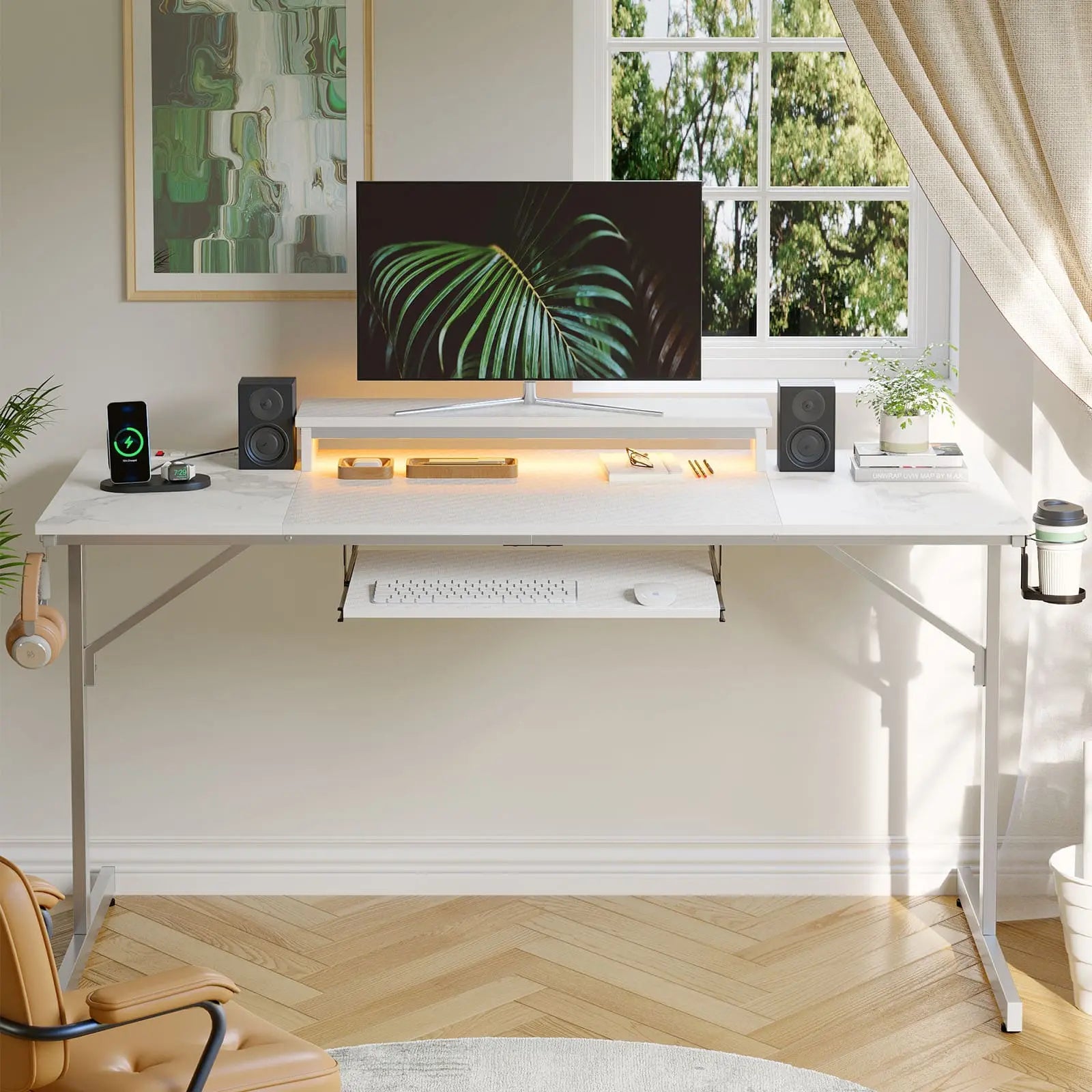 Bestier 63 Inch LED Gaming Desk with Keyboard Tray - Ergonomic Computer Desk for PC & Console Gamers - Perfect for Home Office, Streaming Setup & Esports Gaming