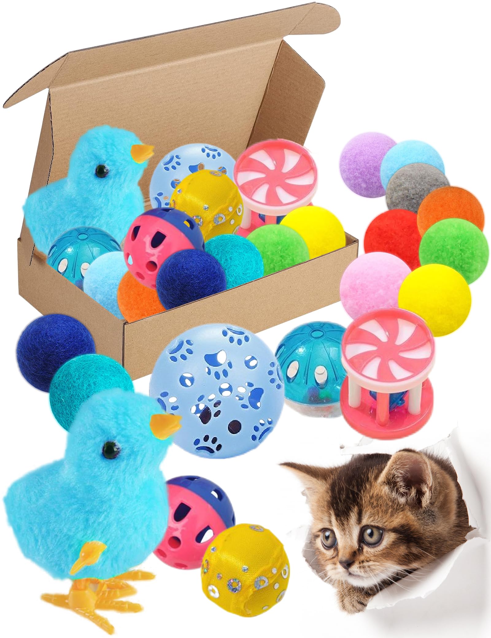 15 PCS Cat Toy Variety Pack - Interactive Kitten Toys with Soft Fuzzy Balls, Durable & Safe Indoor Cat Toys for Play & Exercise | Perfect for Boredom Relief & Bonding with Your Cat