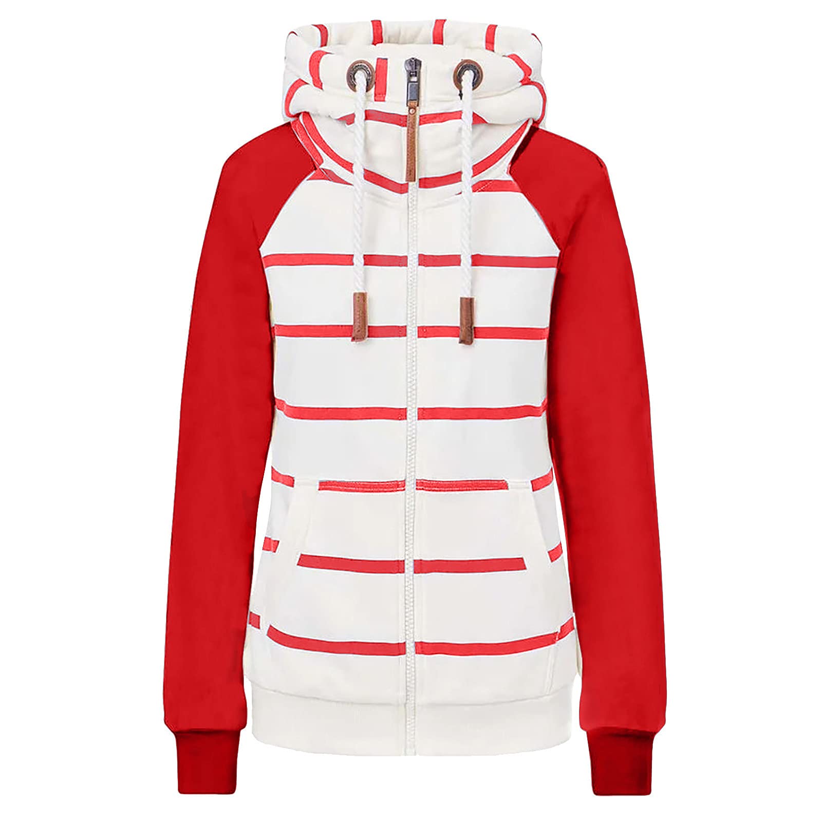 Oversized Color Block Striped Zip Up Hoodie with Pockets - Women's Fashion Coat for Autumn Winter - Long Sleeve Casual Sweatshirt for Streetwear, Loungewear & Outdoor Activities