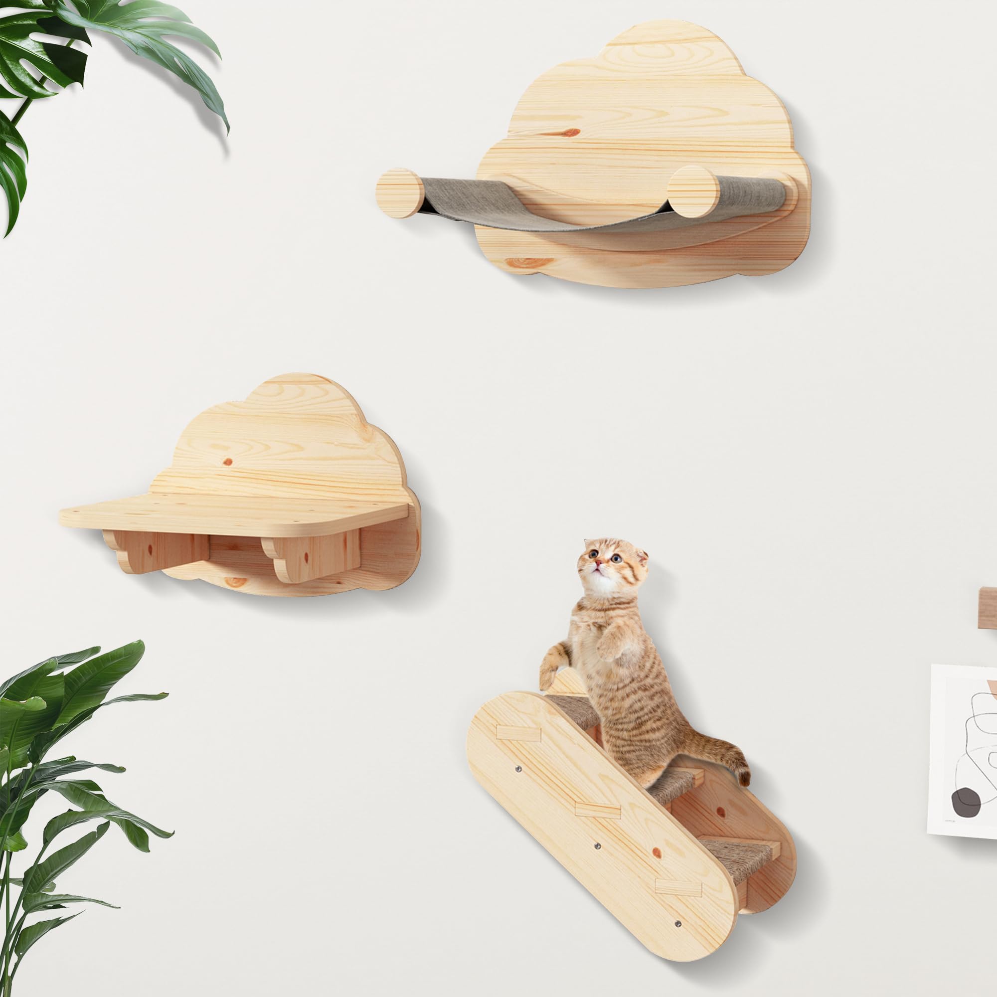 Wall Mounted Cat Furniture Set - 3PCS Solid Wood Shelves & Perches for Climbing & Lounging