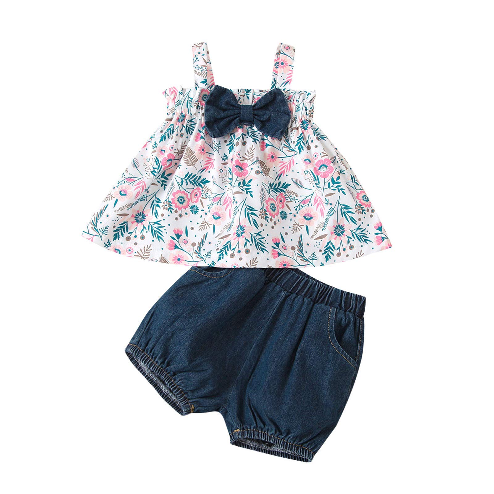 Girls Tracksuit Set - Floral Print Bowknot Baby Top & Shorts with Suspenders | Cute Toddler Outfit for Playdates, Birthday Parties & Family Photos