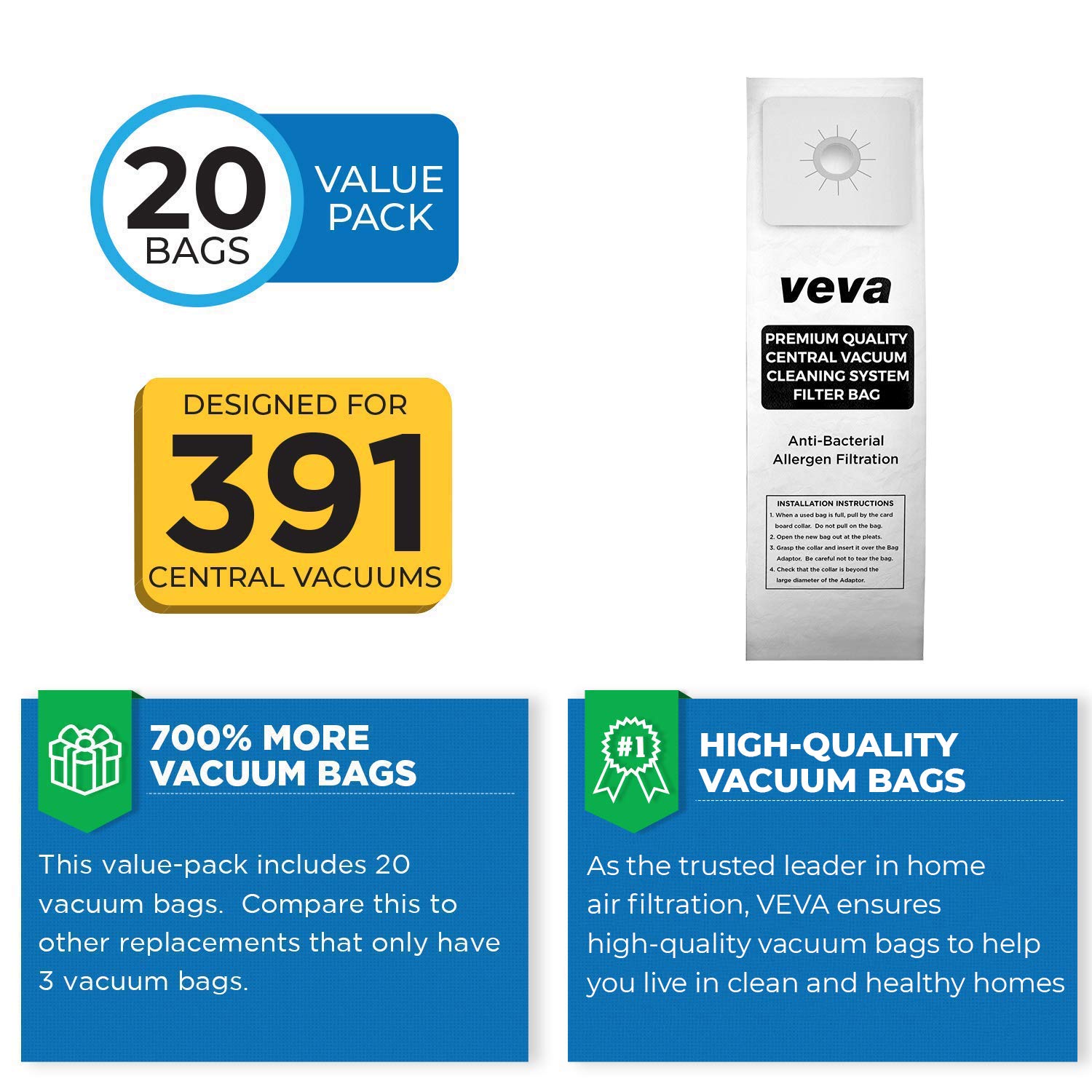 20 Pack VEVA Premium SuperVac Vacuum Gallon Bags - Compatible with Nutone 391, CV350, CV352, CV353, CV450, CV653, CV750 Central Vacuum Cleaners | Durable Replacement Bags for Home & Office Cleaning