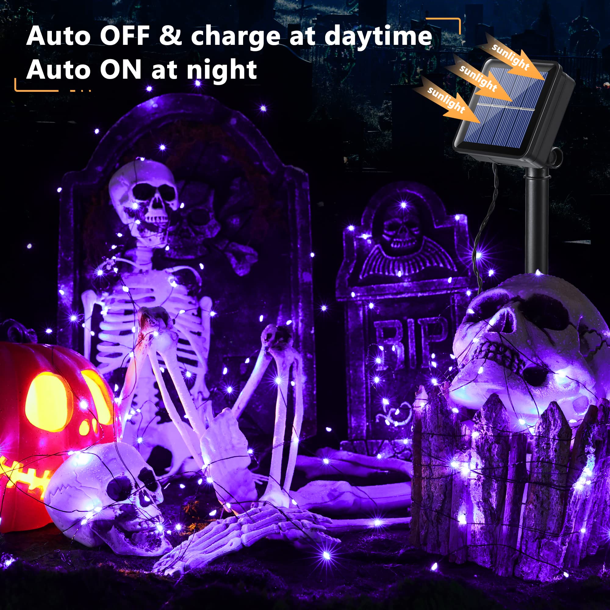 Brizled 39.37ft 120 LED Solar Powered Purple Halloween Fairy Lights - 8 Lighting Modes, Outdoor Twinkle String Lights for Halloween Party, Home & Room Decor (Black Wire) | Perfect for Patio, Garden, and Indoor Halloween Decorations