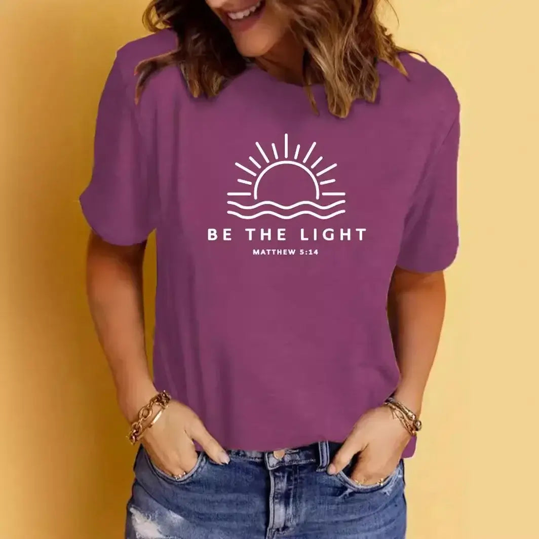Women's Casual Round Neck 'Be the Light' Graphic T-Shirt - Soft Cotton Tee for Everyday Wear, Street Style & Layering