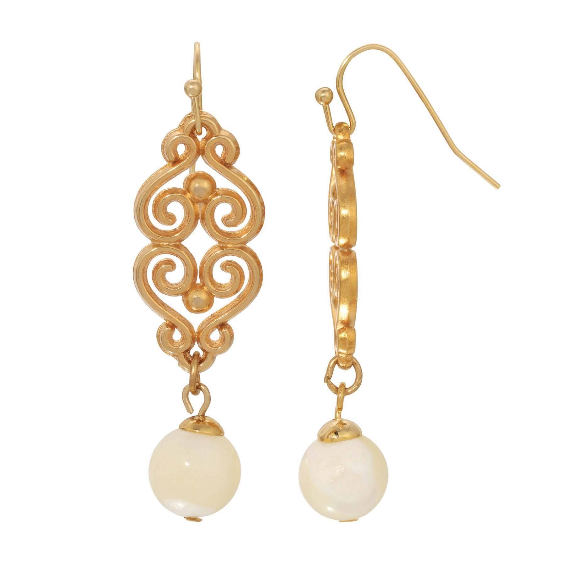 1928 Vintage Heart Filigree Mother of Pearl Dangle Earrings - Elegant Antique Style Jewelry for Women, Perfect for Weddings, Parties & Special Occasions
