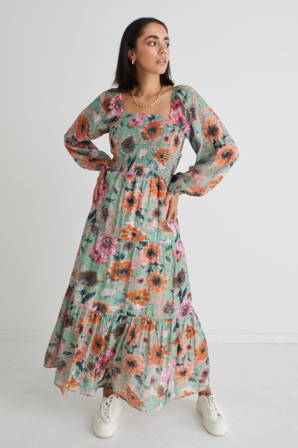 Ruby Green Floral Long Sleeve Shirred Bodice Tiered Midi Dress for Women | Elegant Party, Wedding Guest & Special Occasion Outfit