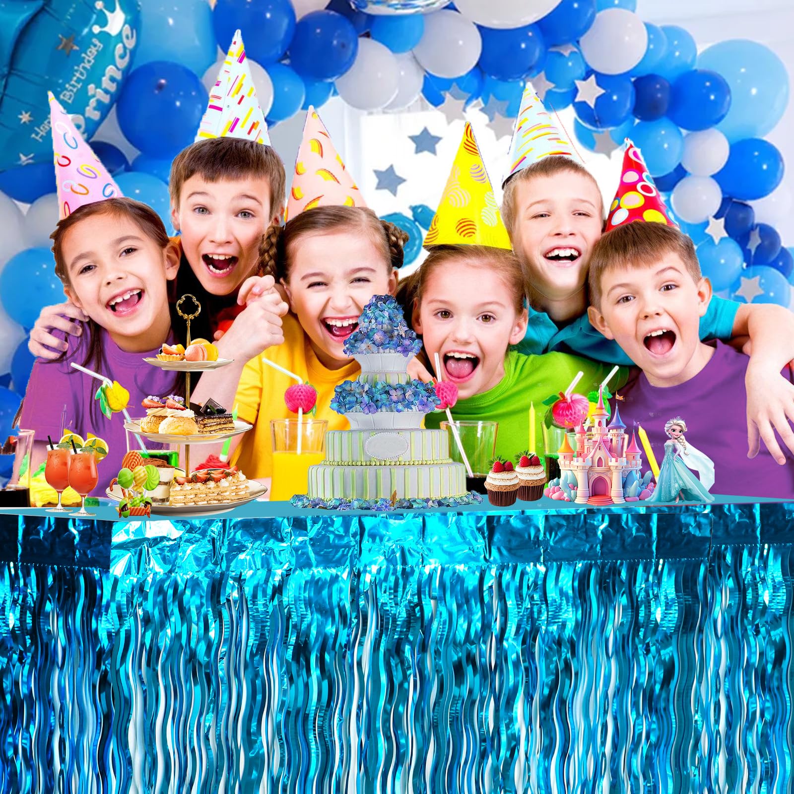 2 Pack Blue Wavy Foil Fringe Table Skirt - Under The Sea Party Decorations for Summer Beach, Mermaid Birthday & Ocean Baby Shark Theme Parties (X-Large, MG183) | Perfect for Kids Birthday Decor, Baby Showers & Poolside Celebrations