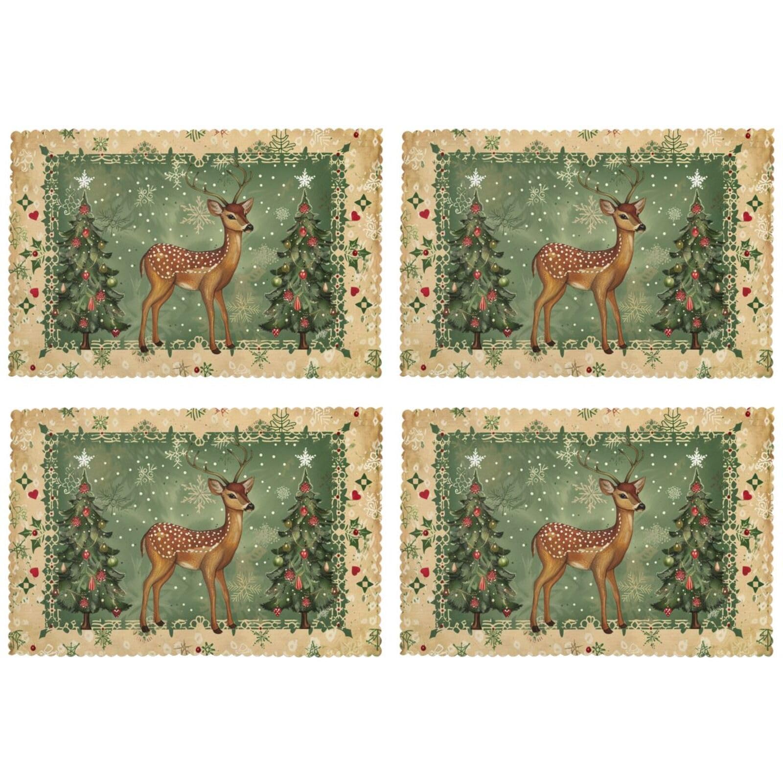 4-Pack Christmas Tree Placemats Set - 12x18 Inch Snowflake & Deer Design Washable Heat-Resistant Table Mats for Kitchen Dining - Perfect for Holiday Decorations, Family Gatherings & Festive Meals