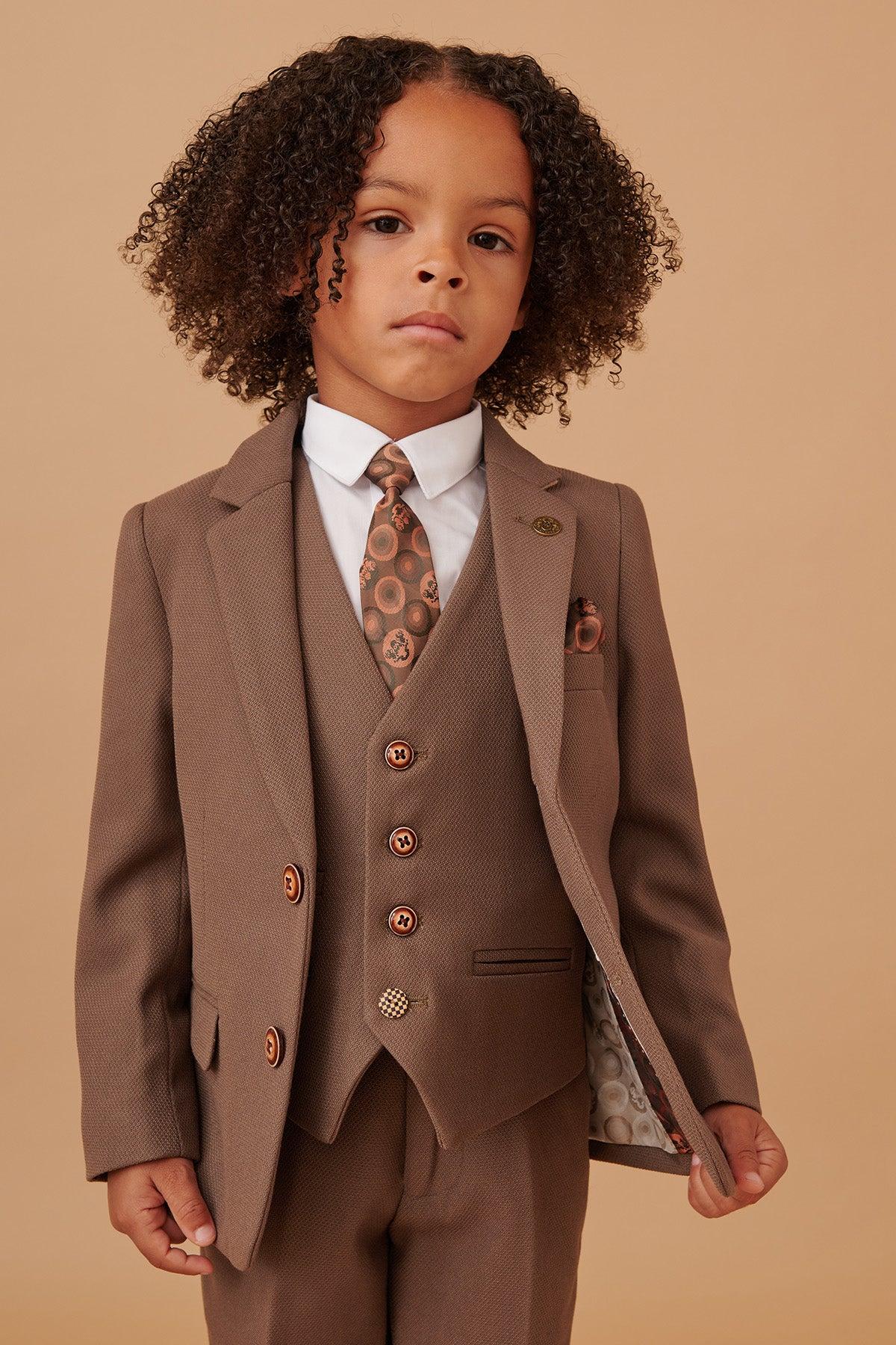 HM5 Kids' Tan Tailored 3-Piece Suit for Boys | Formal Wear for Weddings, School Photos & Special Occasions