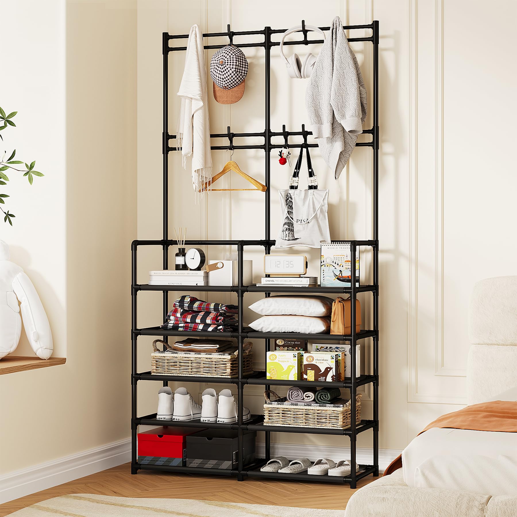 UDEAR 5-Tier Coat Rack with 8 Hooks & Shoe Organizer - Space Saving Entryway Storage Solution for Jackets, Shoes, Bags - Perfect for Living Room, Bedroom, Office, Hallway - Black