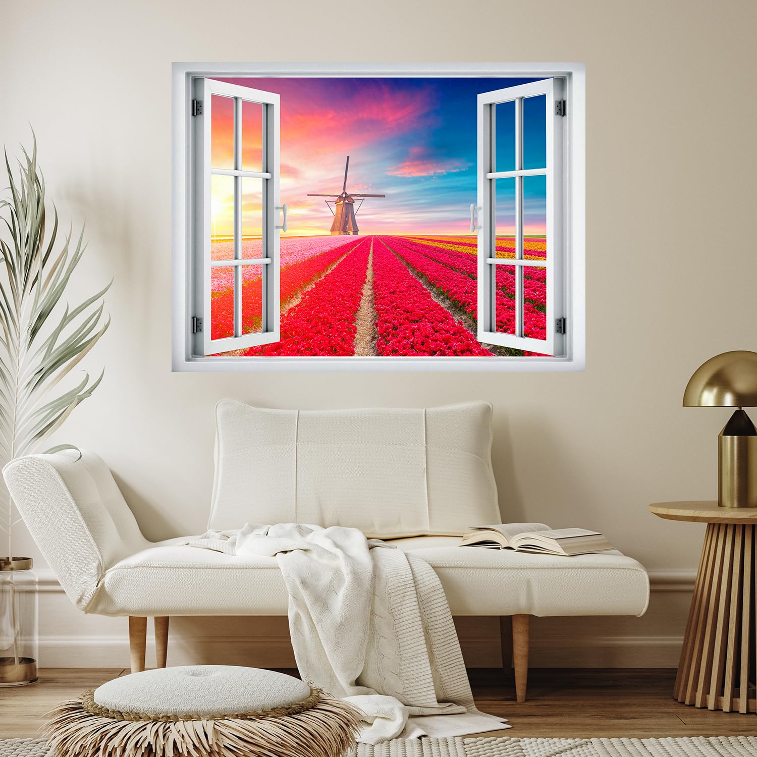 Wall26 Removable Wall Sticker - Vibrant Sunset Dutch Windmill & Flower Field Landscape Mural (24
