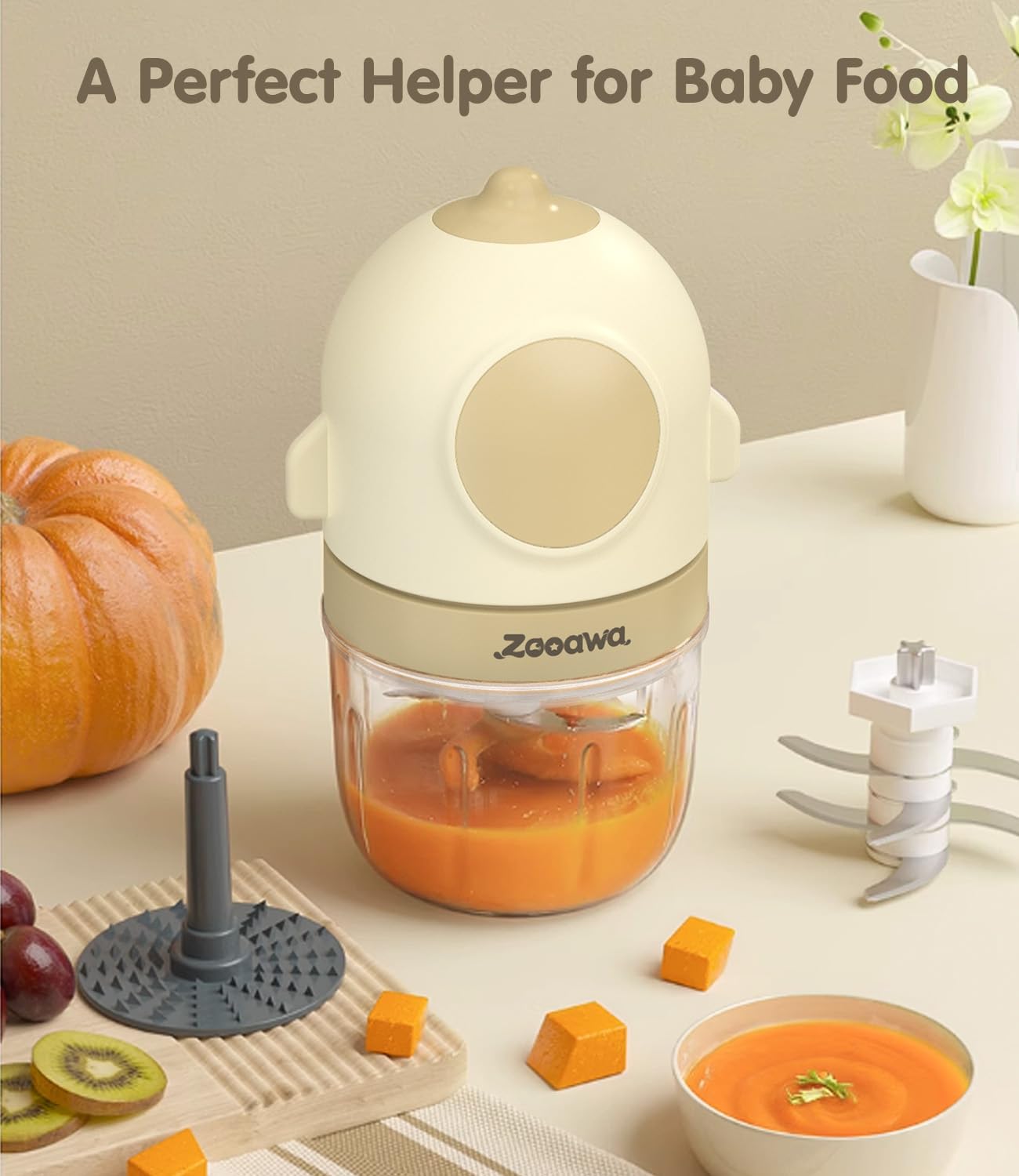 Zooawa 13-in-1 Baby Food Maker & Processor - Steam, Blend & Puree Fruits, Vegetables & Meat - Includes Silicone Spoon & Storage Containers - Perfect Baby Shower Gift for New Parents (Beige) | Ideal for Homemade Baby Food Prep & On-the-Go Feeding