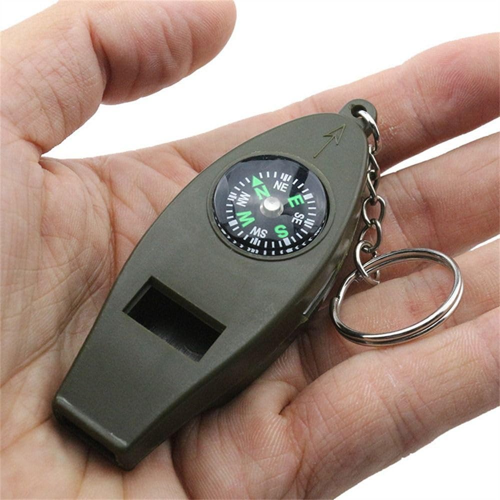 1Pcs Multifunction Emergency Survival Whistle Keychain with Compass, Thermometer & Magnifier - 4-in-1 Outdoor Safety Tool for Hiking, Camping, Hunting & Emergency Preparedness (Army Green)