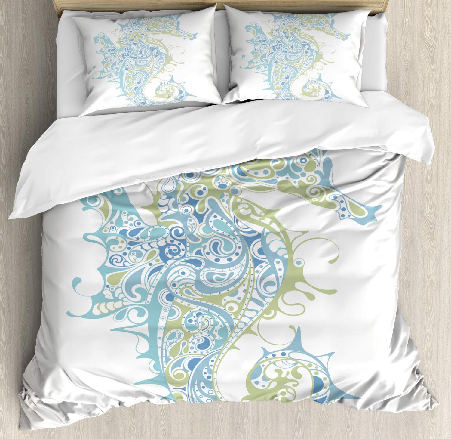 Premium 3-Piece King Size Bedding Set - Ancient Greek Seahorse Idol & Life Cycle Artwork Duvet Cover with 2 Pillow Shams | Animal Print Textured Comfort Set for Master Bedroom, Guest Room & Coastal Decor