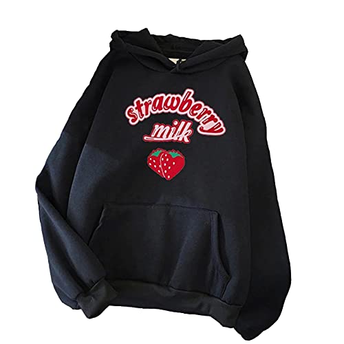 TIFZHADIAO Women's Cute Strawberry Milk Pullover Hoodie - Kawaii Sweatshirt for Teen Girls | Cozy Casual Wear for School, Shopping & Hangouts