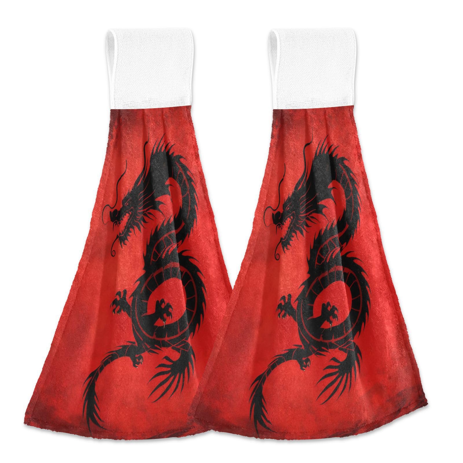 Premium China Dragon Kitchen Towels Set of 2 - 12x17 Inch Soft Absorbent Hand Towels & Dishcloths with Hanging Loop for Bathroom & Kitchen Decor | Perfect for Holiday Gifts, Housewarming & Asian-Themed Home Décor