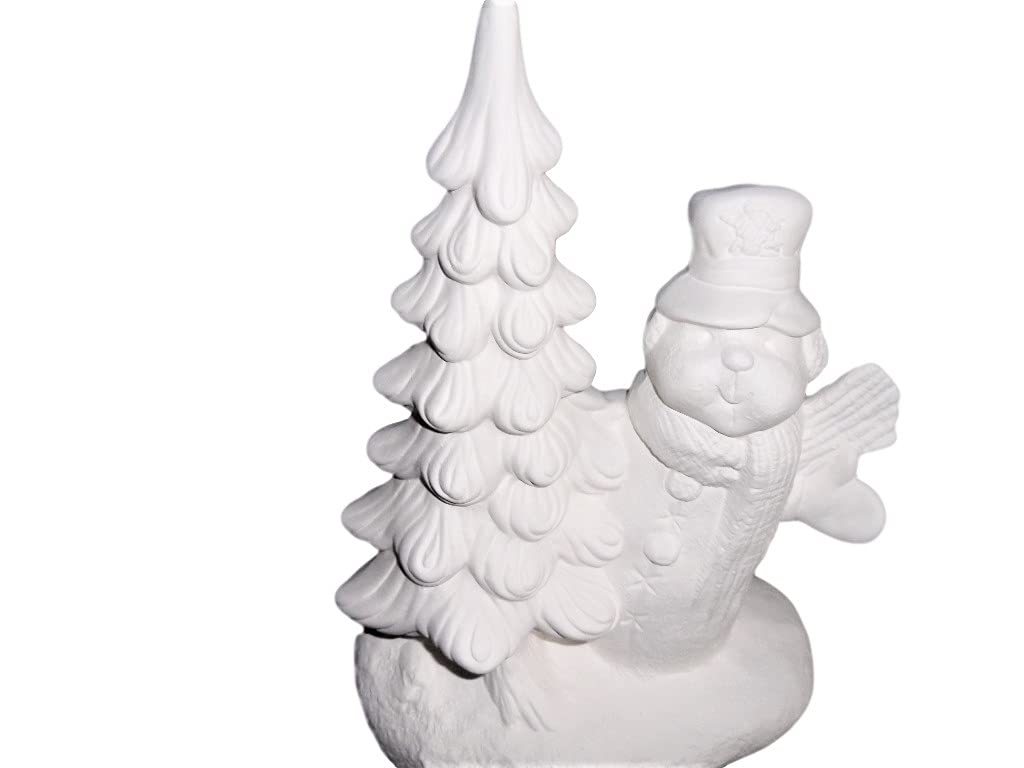 Handmade in USA Ready-to-Paint Ceramic Bisque Snowman with Christmas Tree - DIY Christmas Craft for Holiday Decorations & Gift Making