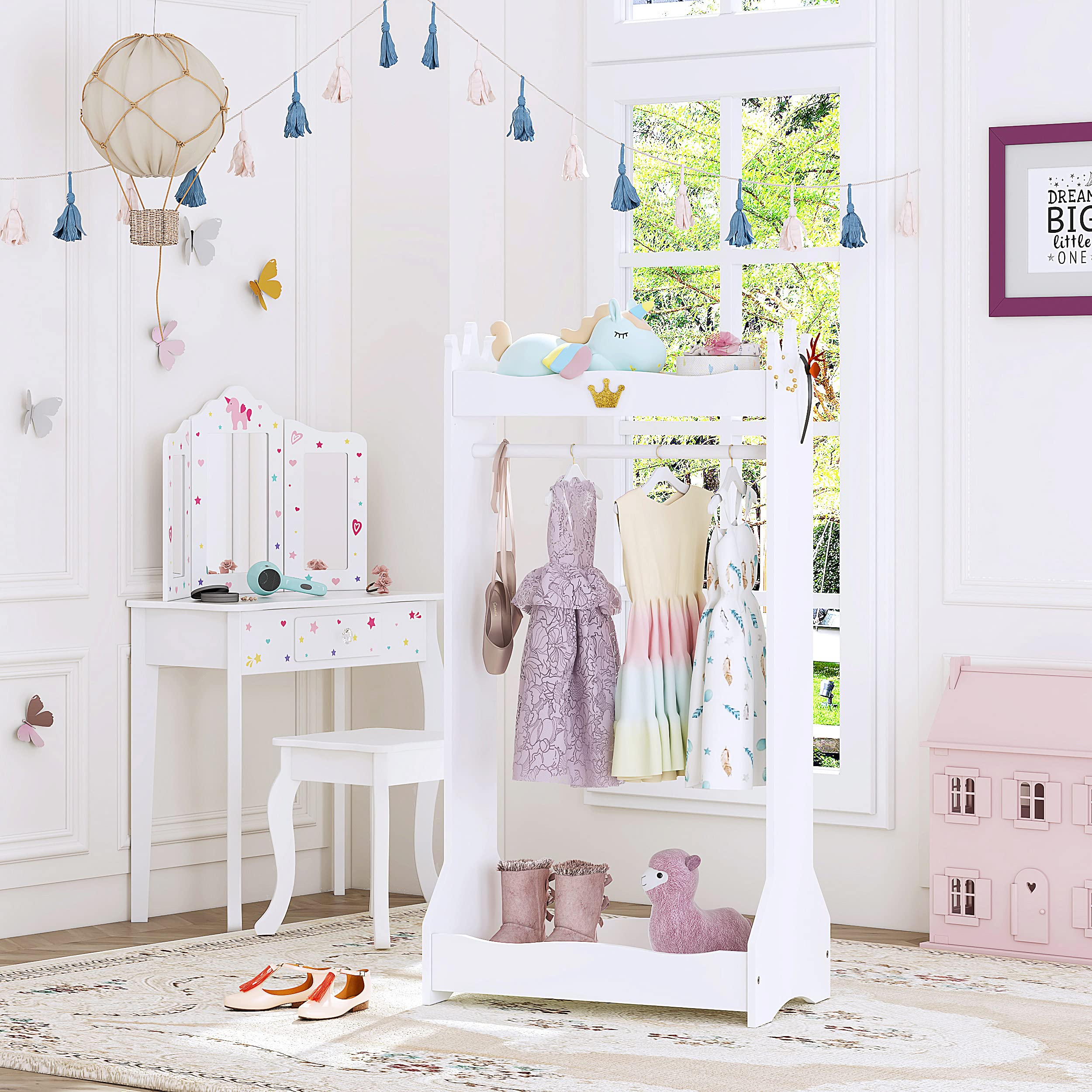 UTEX Kids Dress Up Storage Organizer - Hanging Armoire Closet with Rack for Toddler Costumes (Age 3+) - White | Perfect for Bedroom, Playroom & Daycare Organization