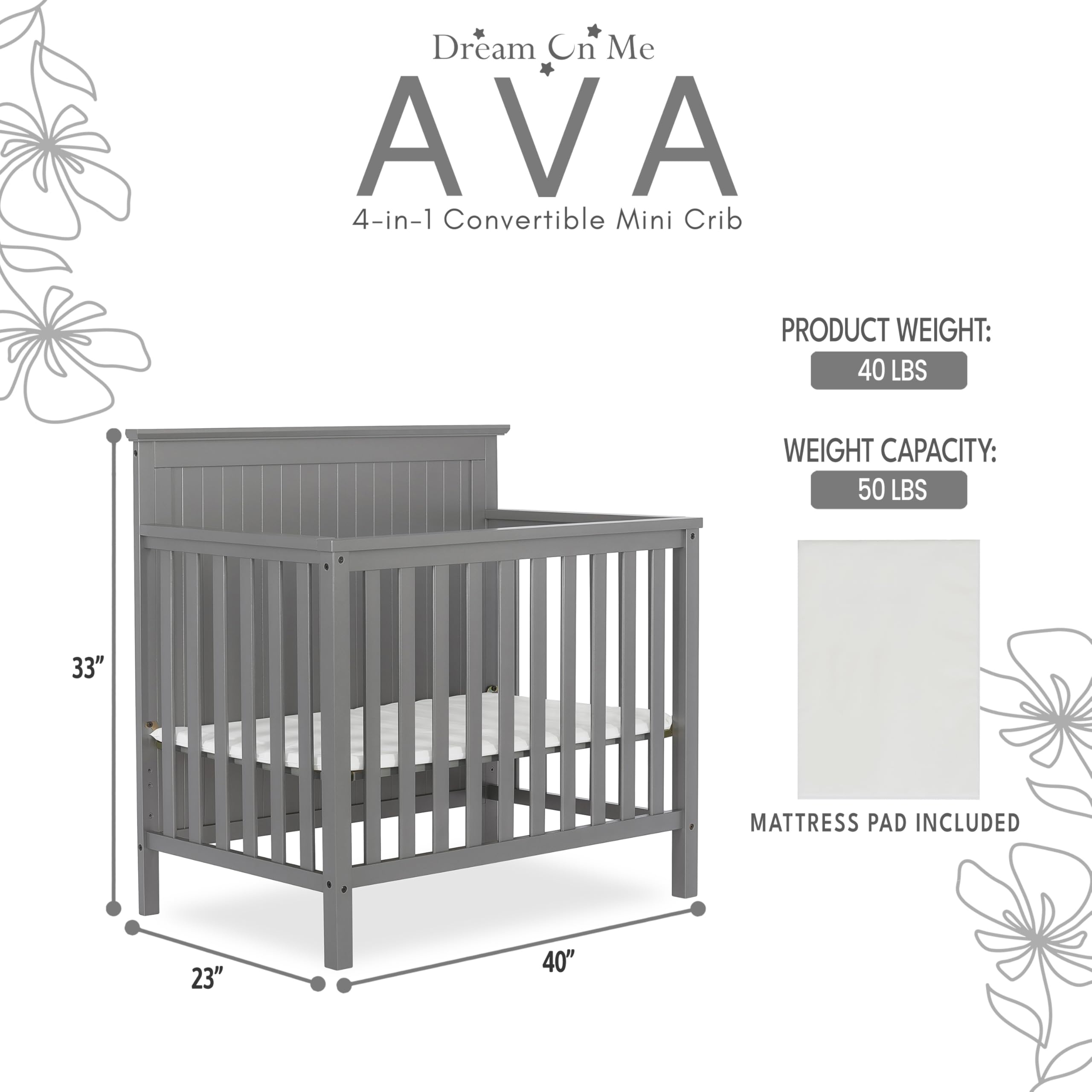 **Dream On Me Ava 4-in-1 Convertible Mini Crib – Steel Grey, Greenguard Gold Certified, Non-Toxic Finish, Includes 1