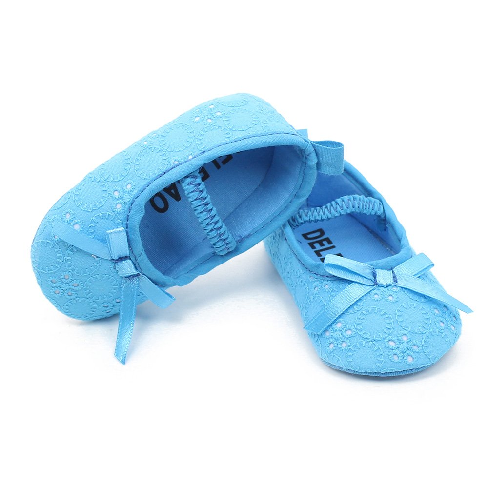 Delebao Baby Girl Satin Mary Jane Shoes - Soft Infant Baptism Slippers, Comfortable Dance Ballerina First Walkers for 12-18 Months (Blue) - Perfect for Christening, Photo Shoots & Special Occasions