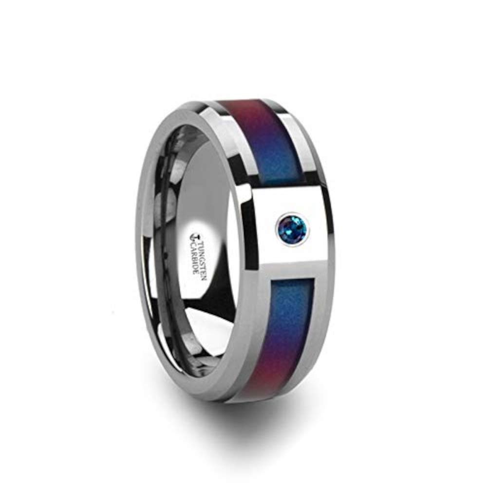 Cerulean Tungsten Carbide Wedding Band Ring for Men - Blue & Purple Color Changing Inlay with Alexandrite Gemstone, 8mm Width - Perfect for Engagement, Anniversary & Everyday Wear
