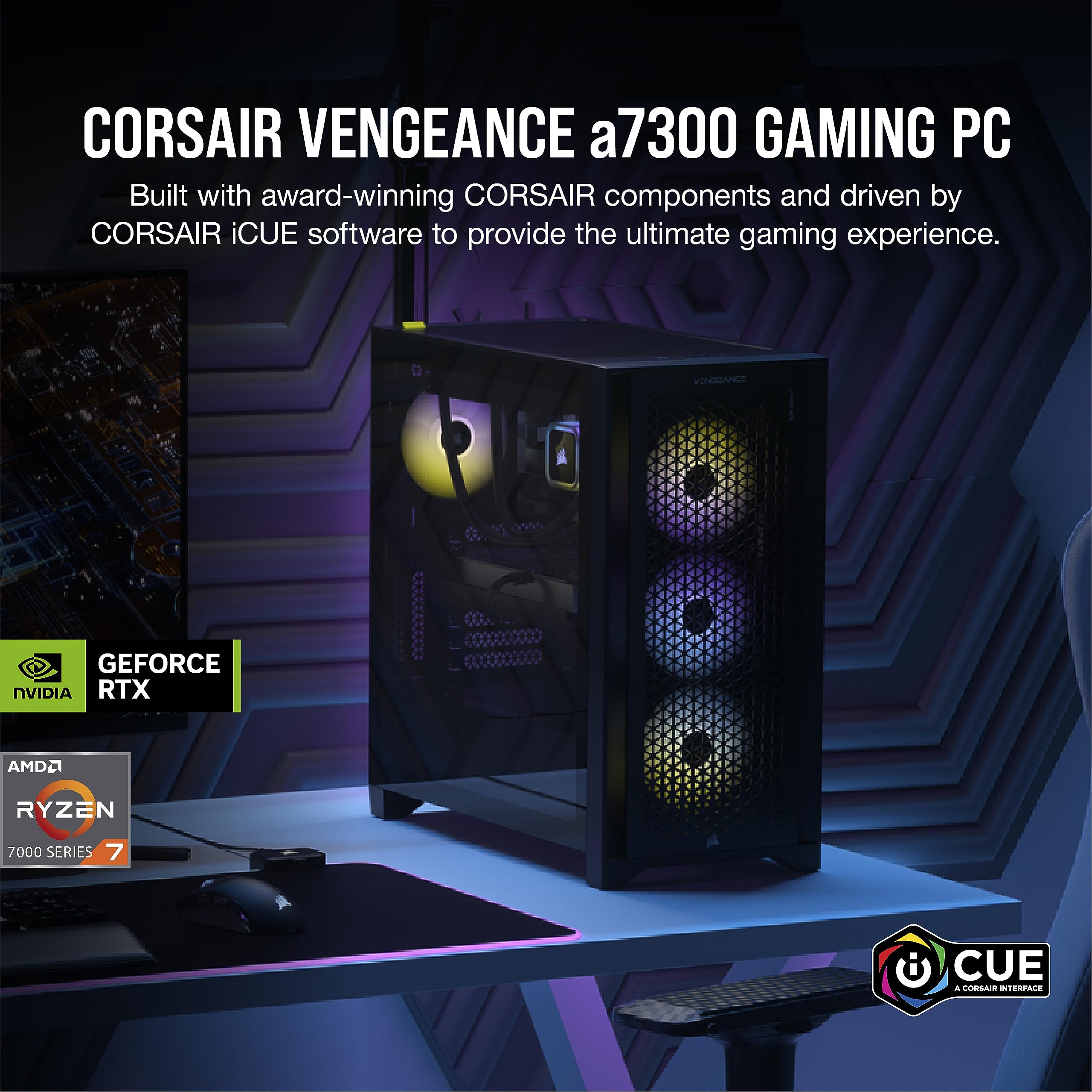 Corsair Vengeance a7300 Gaming PC - AMD Ryzen 7 7700X Liquid Cooled CPU, NVIDIA RTX 4070 GPU, 32GB RGB DDR5 RAM, 1TB NVMe SSD - High Performance Gaming & Streaming Desktop Computer for 4K Gaming, VR, and Content Creation