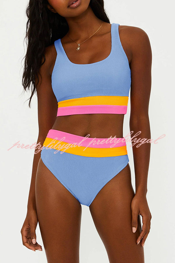 Zephyra Ribbed Color Block Tank High Rise Stretch Bikini Swimsuit for Women - Sexy Summer Beachwear, Pool Party & Vacation Swimwear
