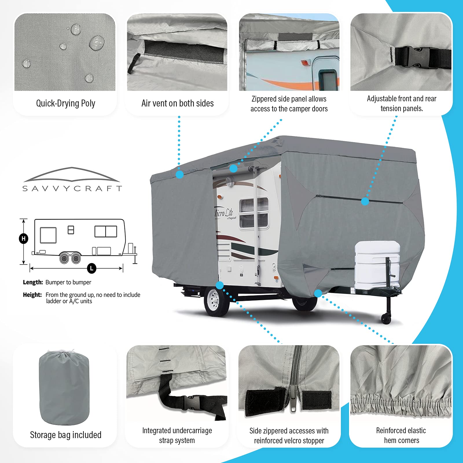 SavvyCraft Premium RV Cover for Travel Trailers 22'-24' - Waterproof, Windproof & Tear-Resistant Camper Cover with Access Panels | All-Weather Protection for Outdoor Storage & Camping Trips