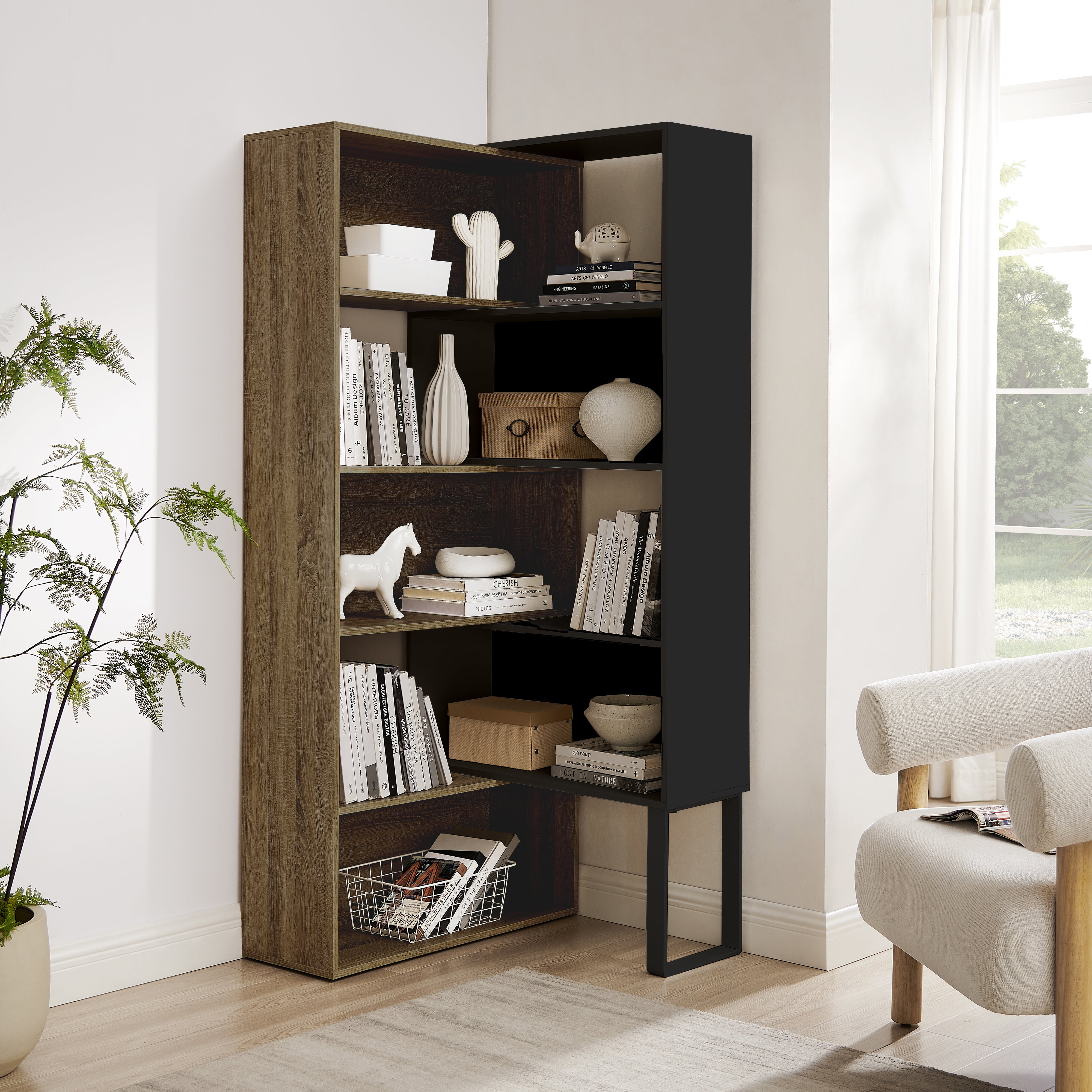 Criterion 180cm Dark Oak Black Accord Bookcase - Modern Wooden Bookshelf for Living Room, Home Office & Library Storage