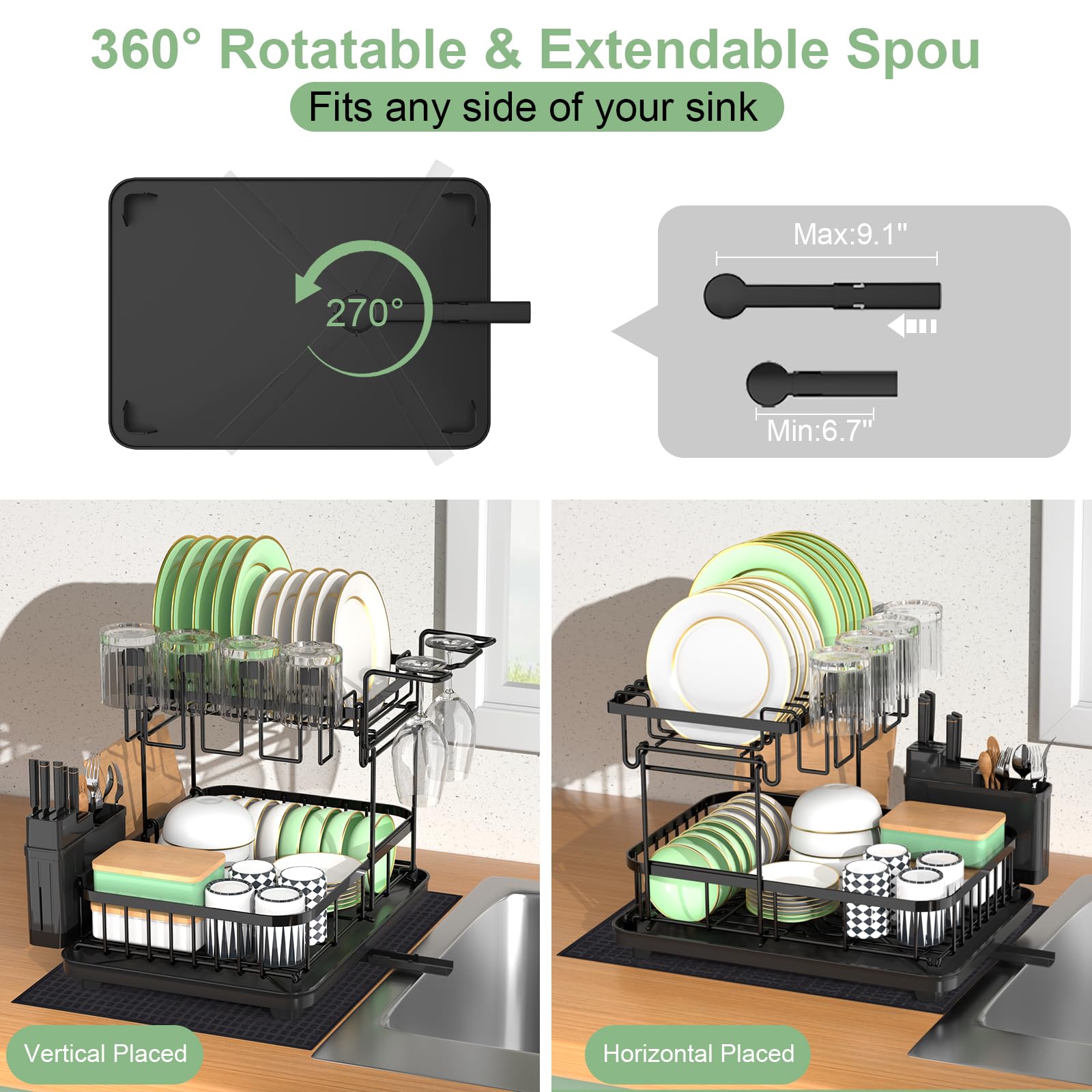 **Large 2-Tier Dish Drying Rack & Drainboard Set for Kitchen Counter - Black Dish Drainer with Utensil, Pot, Knife & Cutting Board Holders + Drying Mat - Perfect for Small Spaces, Apartments & Organized Kitchens**