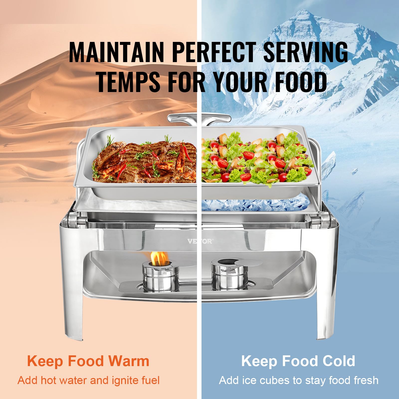 VEVOR 9 Qt Stainless Steel Roll Top Chafing Dish Buffet Set with 2 Half Size Pans, Rectangle Catering Food Warmer with Visible Lid, Water Pan Stand & Fuel Holder - Perfect for Buffets, Weddings, Banquets and Catering Events (Serves 9+ People)