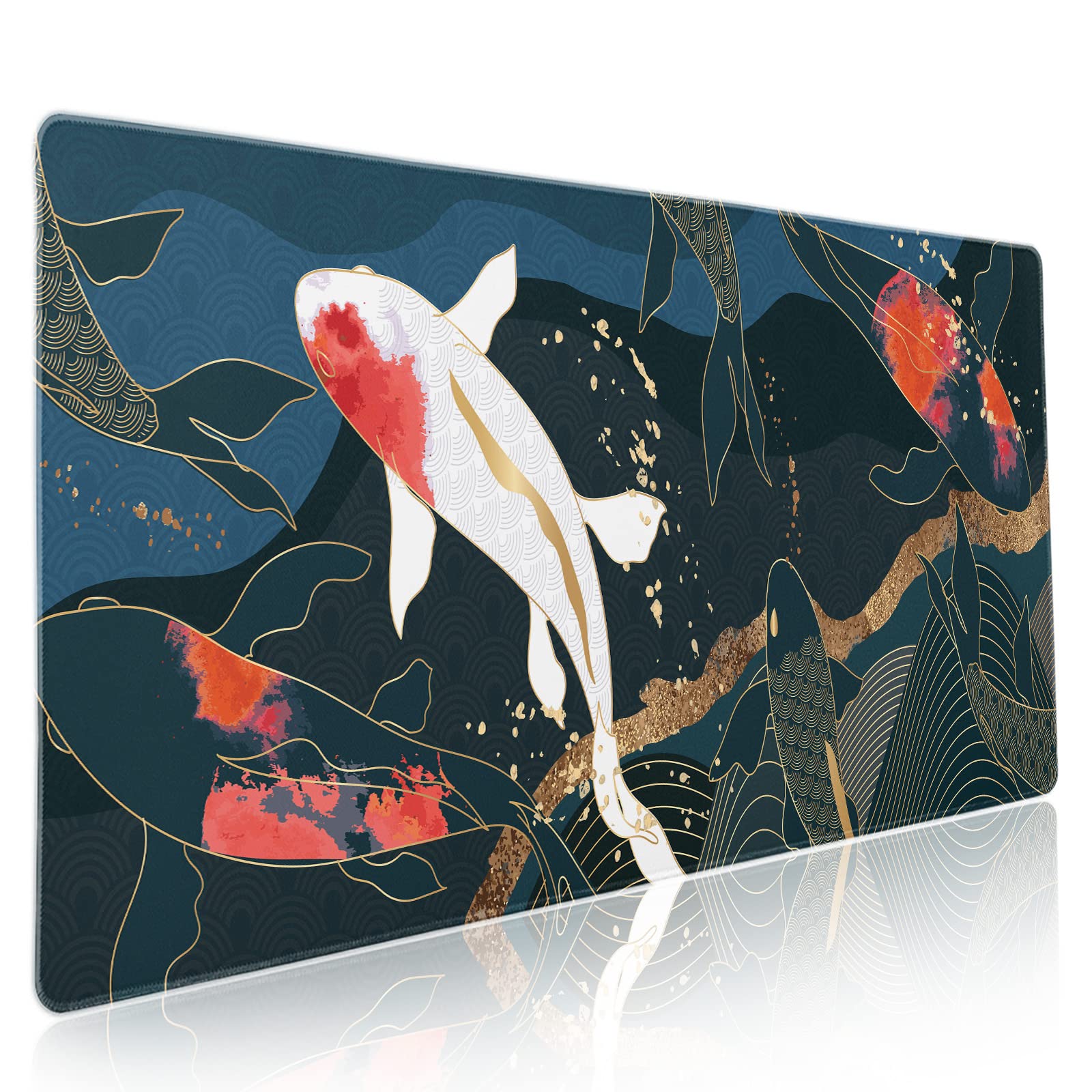Japanese Anime Gaming Mouse Pad - XXL Red & White Koi Fish Design with Blue Gold Texture, Non-Slip Rubber Base & Stitched Edge (35.4×15.7 in) - Perfect for PC, Computer & Laptop Gamers | Ideal for Gaming Setups, Office Desks & Streaming Studios