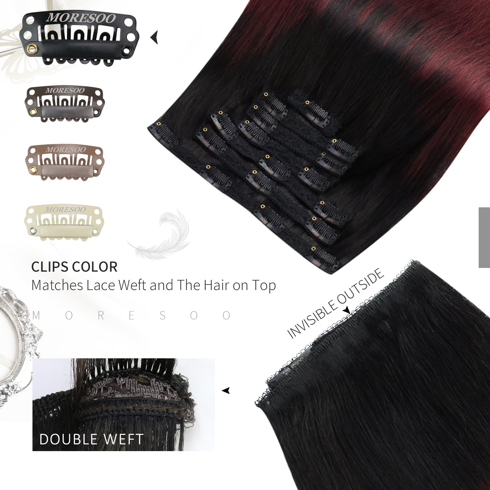 Premium Moresoo Burgundy Tape-In & Clip-In Hair Extensions - 20pcs/50g + 7pcs/120g Balayage Black to Red Wine Human Hair Bundle for Length & Volume | Perfect for Parties, Weddings & Daily Styling