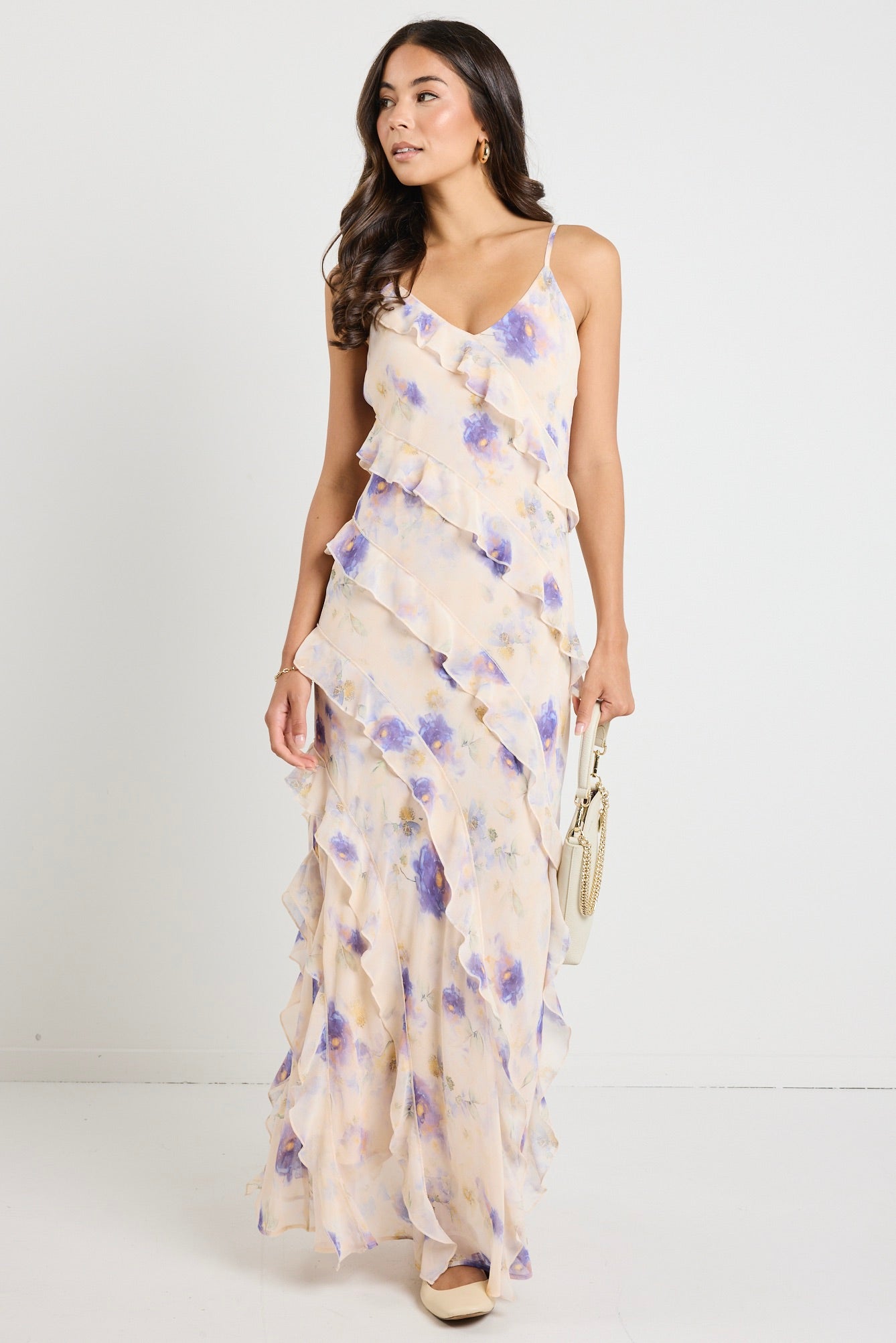 Galore Peach Blue Floral Bias Ruffle Slip Maxi Dress - Women's Summer Beach Wedding Party Dress for Vacation & Special Occasions