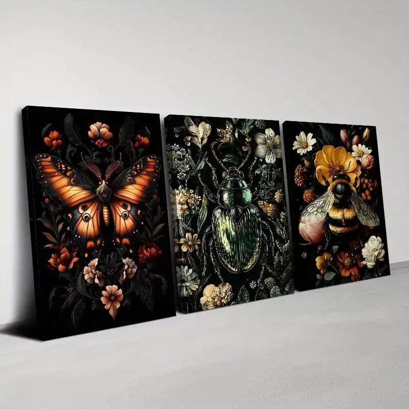 3-Piece Gothic Insects and Plants with Florals Wall Art Set - Framed Canvas 50x70cm (20x28in) | High-Quality Print | 100% Australian Made | Ready to Hang | Perfect for Living Room, Bedroom or Office Decor