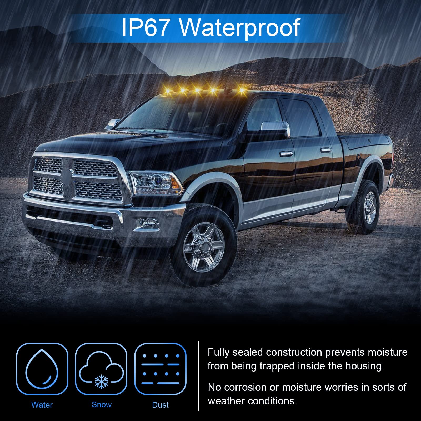 High-Quality LED Cab Clearance Lights for Ram 1500/2500/3500 (2003-2018) & Ram 4500/5500 (2011-2018) - 5PCS Amber Smoked Roof Lights - Durable Replacement for Truck Cab Lighting - Perfect for Night Driving & Off-Road Adventures