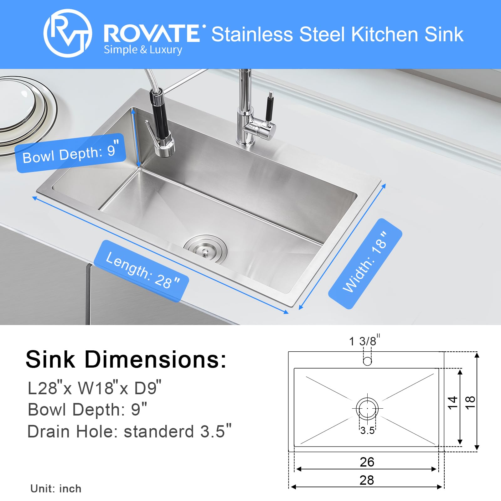 ROVATE 28×18 Inch Drop-in Kitchen Sink - Handmade 304 Stainless Steel Single Bowl Sink, 18 Gauge 9 Inch Deep Topmount with Basket Strainer - Perfect for Modern Farmhouse, Apartment & RV Kitchens