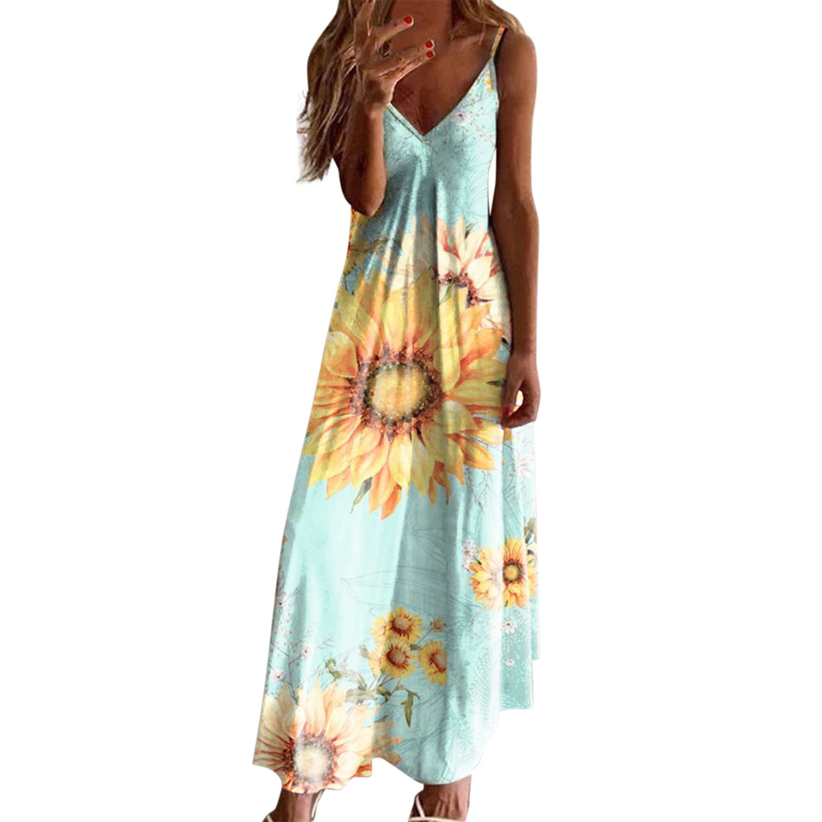 YUSDEE Women's Summer Sleeveless Floral Print V-Neck Sundress - Elegant Casual Party Swing Long Dress in Satin Fabric - Perfect for Beach Vacations, Garden Parties & Date Nights