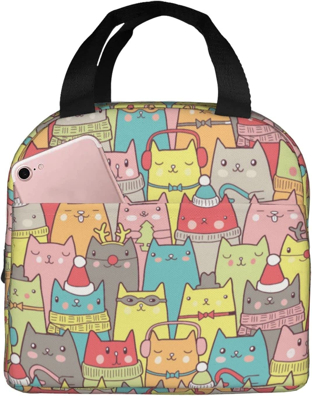 Giwawa Cute Cat Lunch Warmer Bag - Portable Reusable Insulated Lunch Box with Zipper & Front Pocket, Cat Head Design for Women, Men & Kids - Perfect for Picnics, School, Office & Outdoor Activities