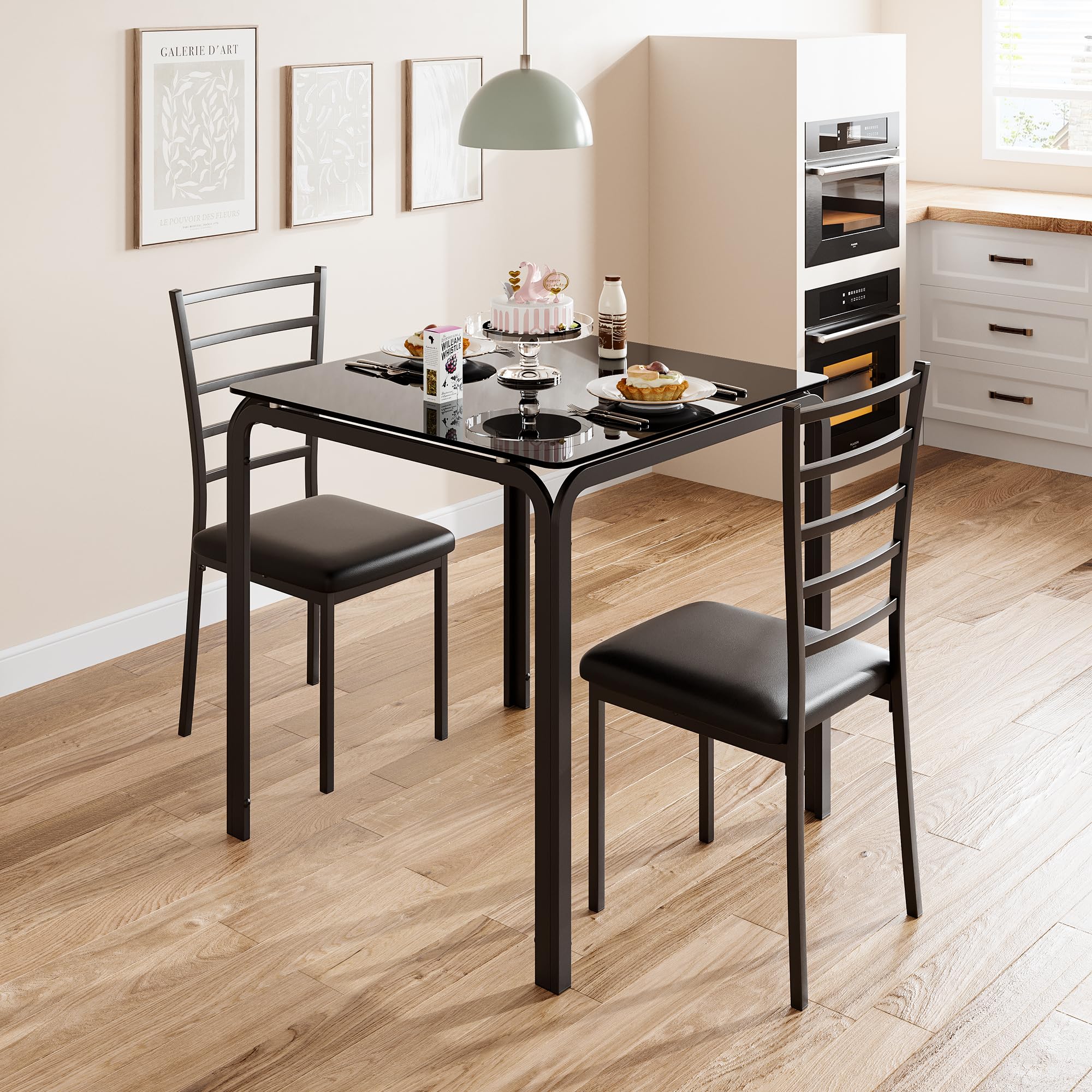 IDEALHOUSE 3-Piece Square Glass Dining Table Set for 2 - Compact Kitchen & Dinette Set with 2 Chairs - Perfect for Small Spaces, Apartments & Breakfast Nooks