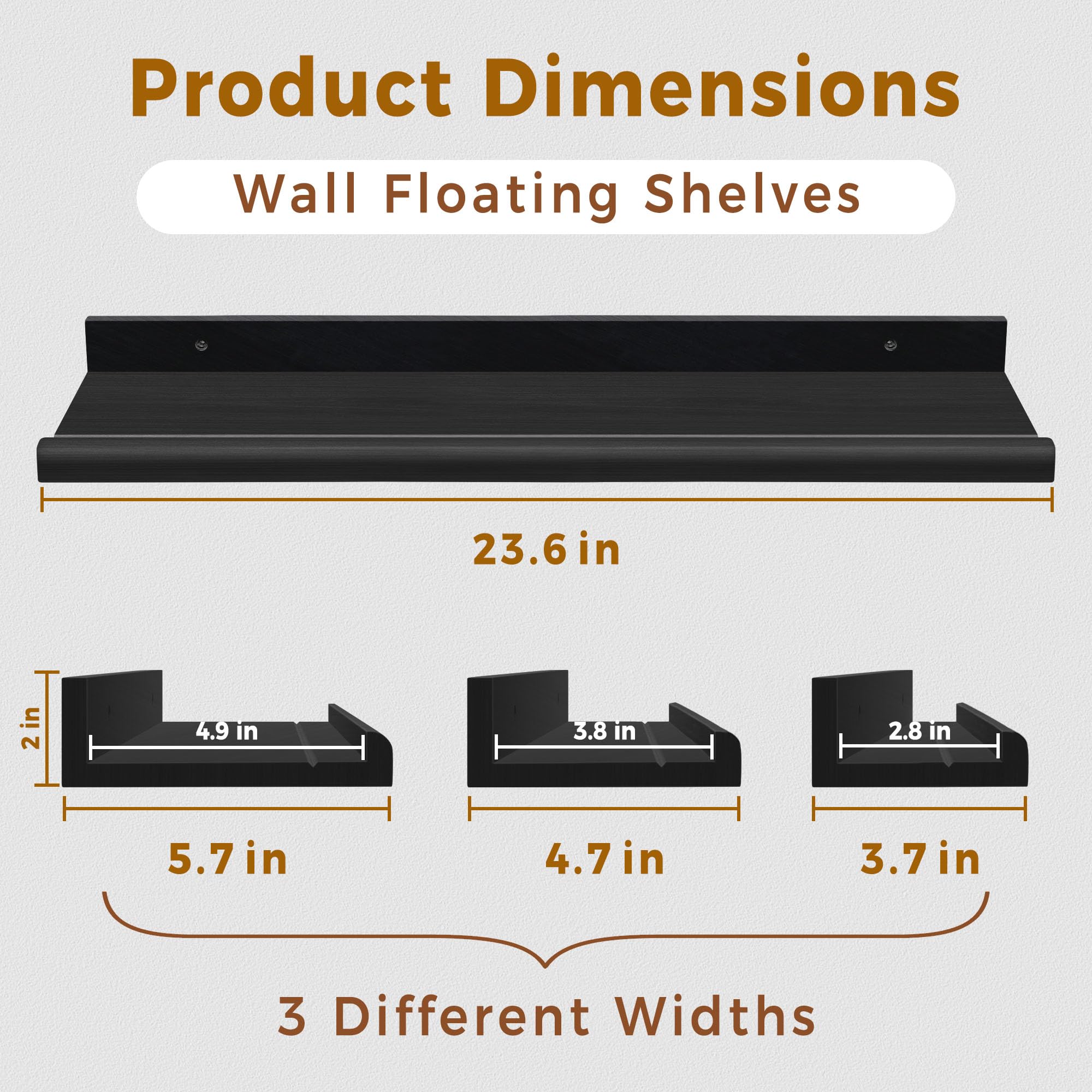 Annecy Floating Shelves Set of 3 - 23.6 Inch Black Rustic Wood Wall Shelves with Guardrail | Storage Shelves for Bedroom, Bathroom, Kitchen & Office | 3 Different Sizes | Perfect for Home Decor, Organizing & Displaying Photos/Books/Plants
