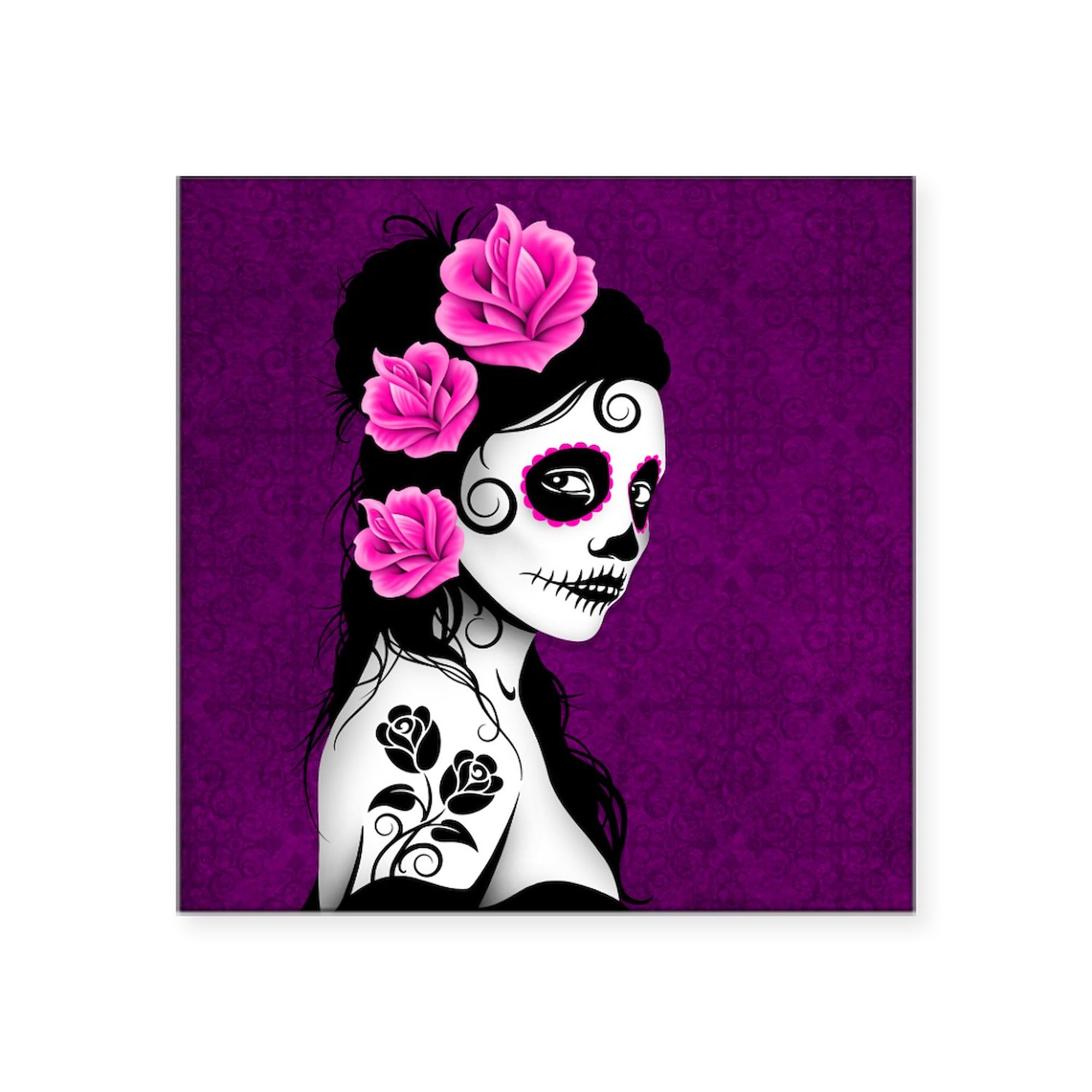 Day of The Dead Girl Purple Square Bumper Sticker - Waterproof Car Decal for Windows, Laptops & DIY Crafts - Mexican Sugar Skull Aesthetic for Halloween, Dia de Muertos Celebrations