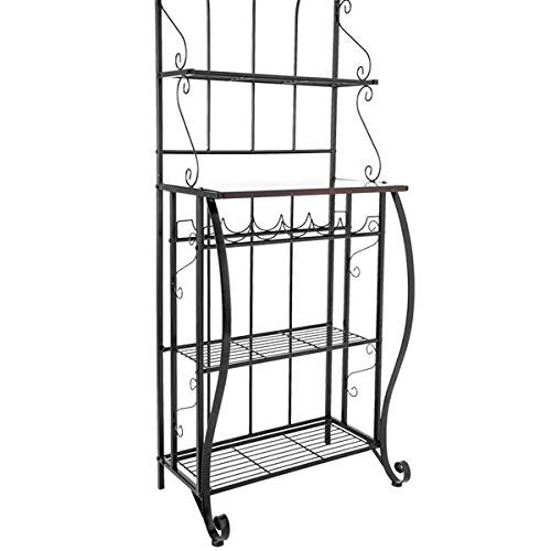 5-Tier Metal Kitchen Bakers Rack with Wine Storage - Cappuccino Finish Scroll Design, Black - Perfect for Small Spaces, Pantry Organization & Wine Display in Home, Restaurant or Cafe
